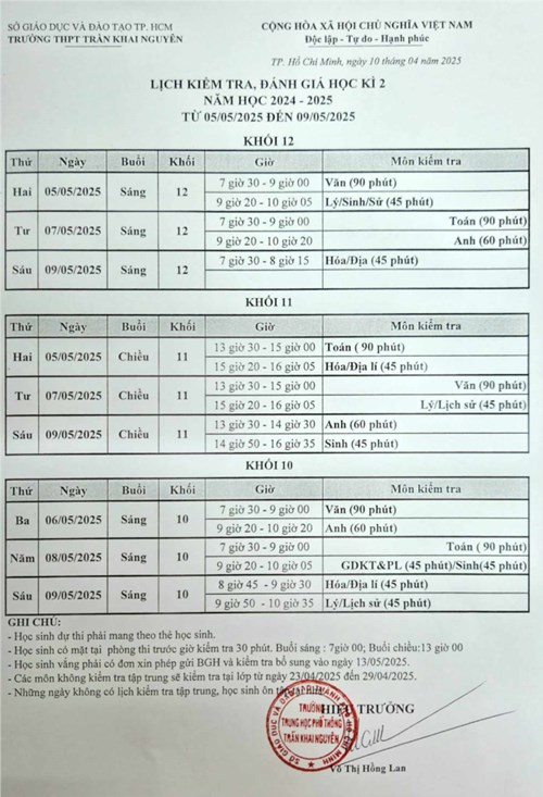 Lịch kiểm tra, đánh giá học kì 2 năm học 2024 - 2025