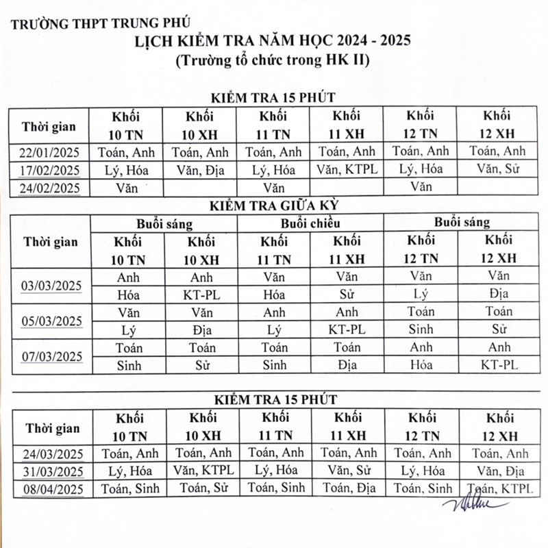 Lịch kiểm tra thường xuyên và giữa kỳ II năm học 2024 - 2025