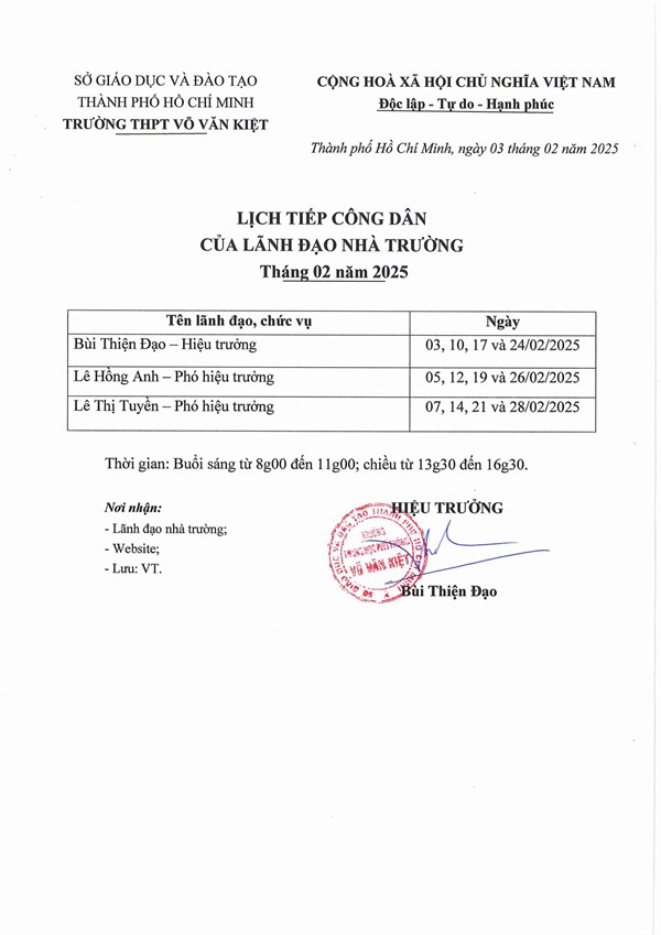 LỊCH TIẾP CÔNG DÂN CỦA LÃNH ĐẠO NHÀ TRƯỜNG Tháng 02 năm 2025
