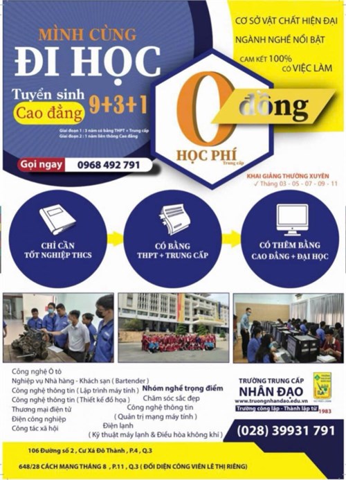 Xét tuyển Lớp 10 (THPT) và TCN chính quy, miễn học phí trung cấp 100% khi tốt nghiệp THCS